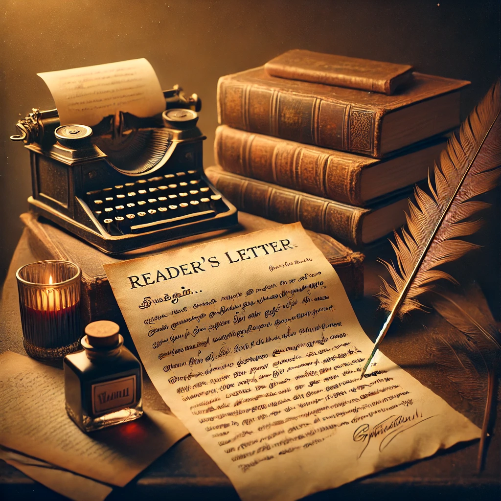DALL·E 2025-02-07 11.26.00 – An artistic representation of a ‘Reader’s Letters’ concept in Tamil (வாசகர் கடிதங்கள்). A vintage desk with an open letter, a quill pen, and an ink bo